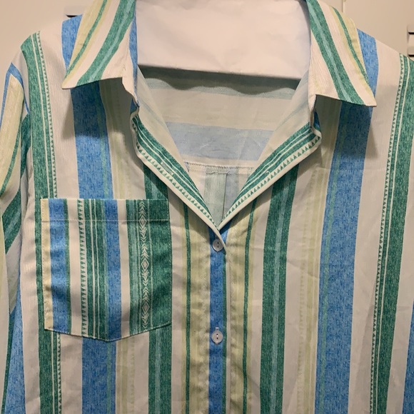 XL Spring/ summer long sleeve button down with blue, green and white stripes - Picture 2 of 2